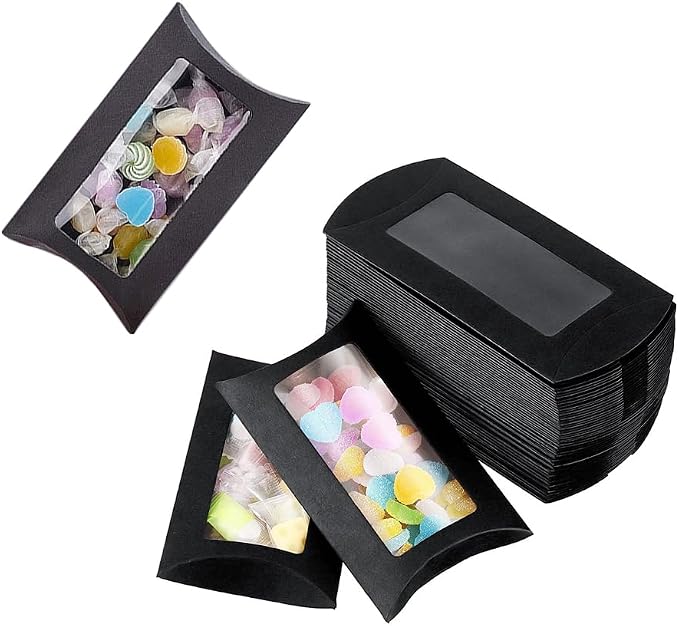 Wzttdm 40pcs Kraft Paper Mini Pillow Packaging Box with Clear Window, Box Treat Gift Packaging Box for Bakery Candy Chocolate Jewelry Display Wedding Party Favor (Black, 5 x 3 x 0.8 inches)