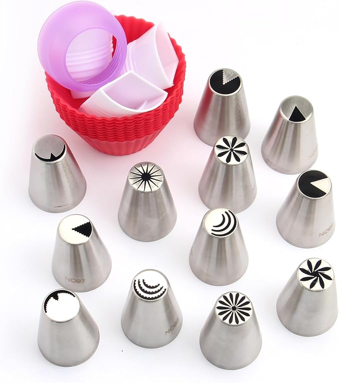 34 Pieces Stainless Steel Russian Flower Icing Tips Set,12 Special Russian Piping Nozzles,1 Cleaning Brush,1 Plastic Coupler,10 Silicone Cupcakes Mold,10 Disposable Pastry Bags for Cake Decorations