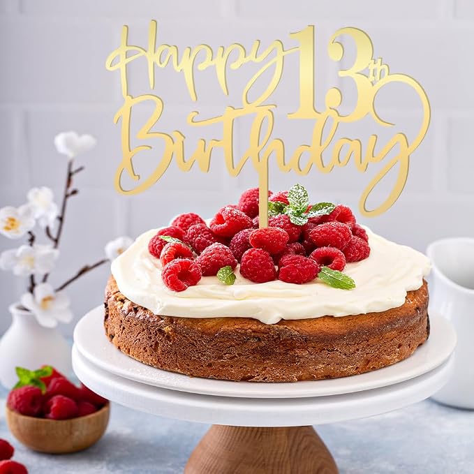 Happy 13 th birthday cake Topper,Mirrored Gold Acrylic Durable Cake Topper,13th Birthday Party Cake Decorations, Hello 13th years old, Happy thirteen years old, Birthday Party Decorations