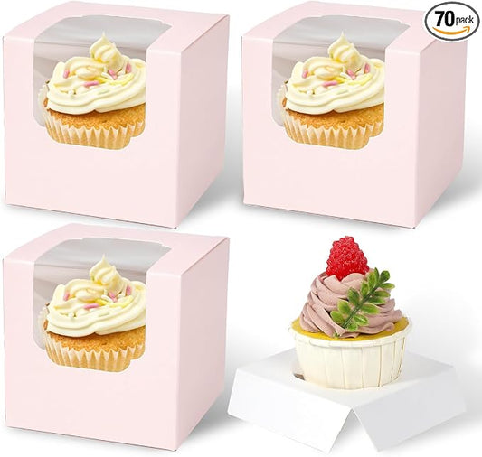 JCD 70 packs Pink Cupcake Boxes Individual Cupcake Container 3.5" x 3.5" x 3.5" Auto-Pop up Single cake Box for Bakery Gift Giving(70 Boxes+70 Inserts) (Pink/70Pcs)