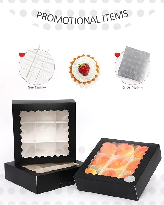 qiqee Black Bakery Box with Window 24-Packs 10x10x2.5 inch Donut Pie Boxes Pastry Box(24pcs Black Bakery Boxes+5 Sets Dividers+20 Silver Stickers+30pcs Cookie Packaging Includes)