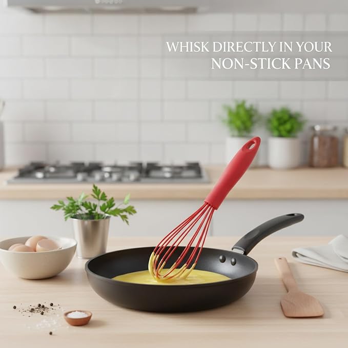 Red Silicone Whisk for Non-Stick Cookware, 10.2 Inch Coated Wire Egg Beater