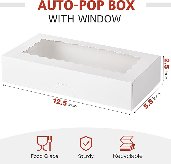 30 Pack Auto Pop-up Cookie Boxes with Window, 12.5" x 5.5" x 2.5", White | Bakery Treat Boxes, For Chocolate Covered Strawberries, Cake Pops, Donuts, Cocoa Bombs, Sugar Cookies, Pastries