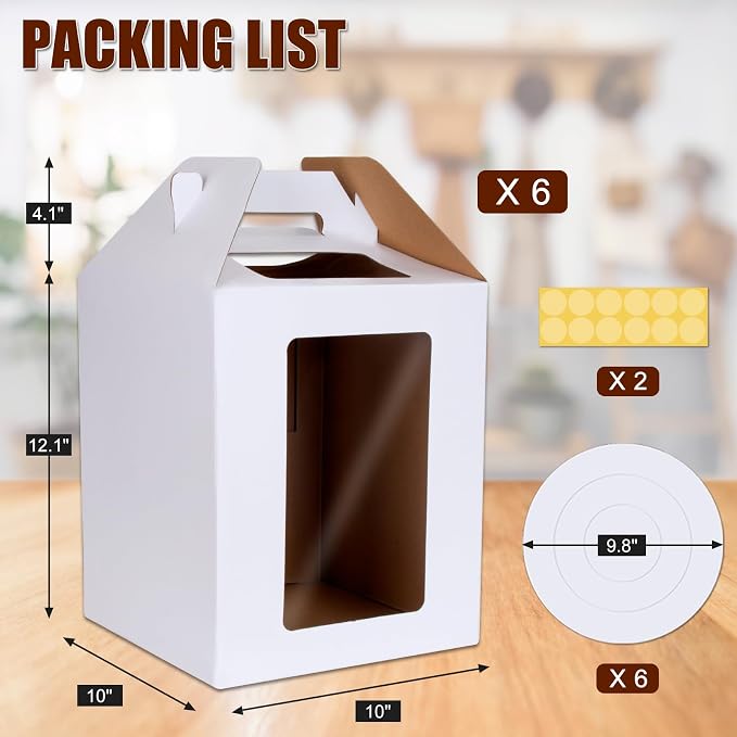 Tall Cake Box with Windows 10x10x12 IN, 6 Pack Tiered Cake Boxes with Cake Boards,Tiered cake container for Wedding,Birthday,Party,Bakery Supplies