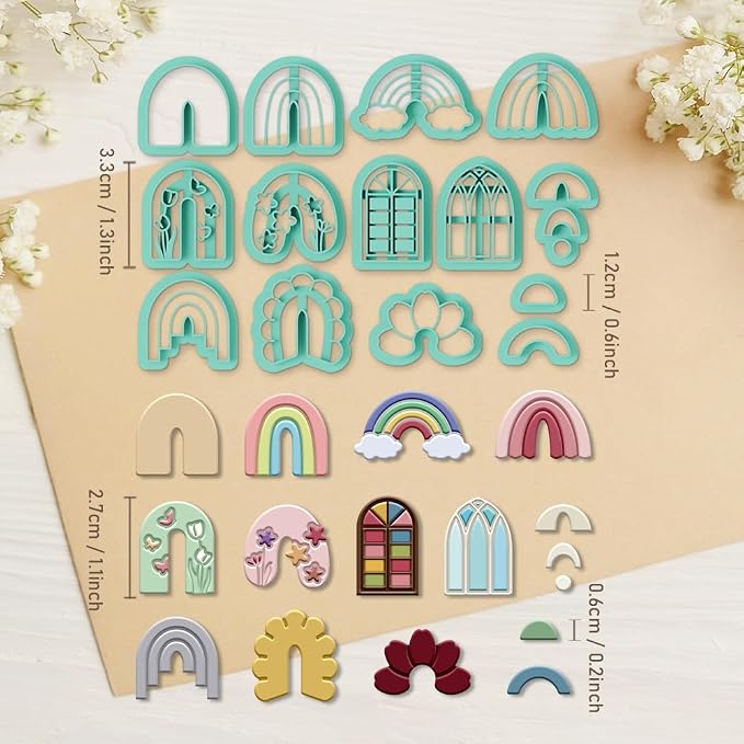 ORIGACH 14 Pcs Boho Arch Shape Polymer Clay Cutters, Rainbow Flower Frame Design Clay Cutters for Polymer Clay Jewelry Earrings with a Clear Storage Box