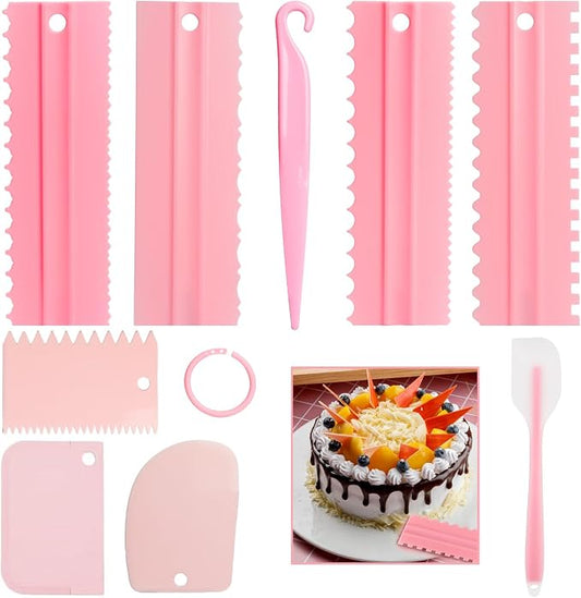 9PCS Cake Scraper Set with Cake Scraper Smoother Set, Cake Decorating Comb, Icing Smoother Plastic Sawtooth,Cake Icing Kitchen Baking Cake Edge(Pink)