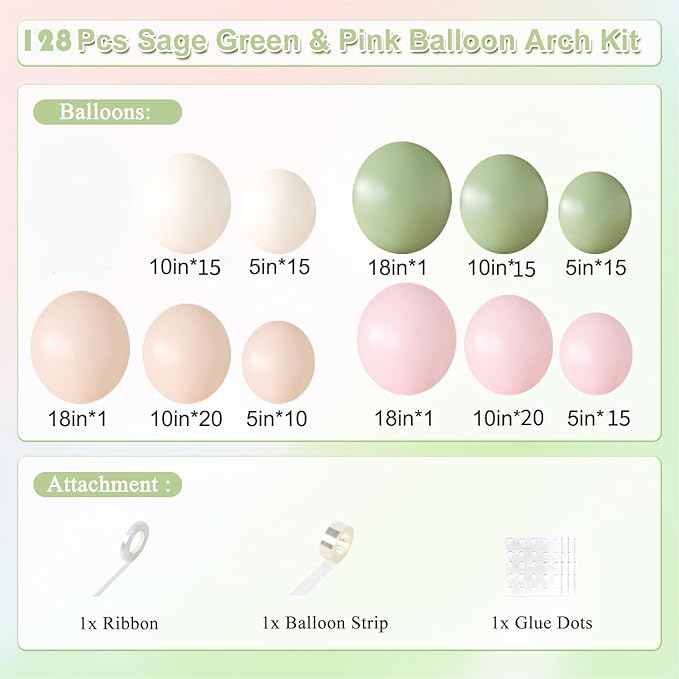 Sage Green Pink Balloon Arch kit,124Pcs Pastel Pink Green Sand White Peach Balloon Arch Graland Kit for Baby Shower Wedding Bridal Birthday Gender Reveal Party Decorations