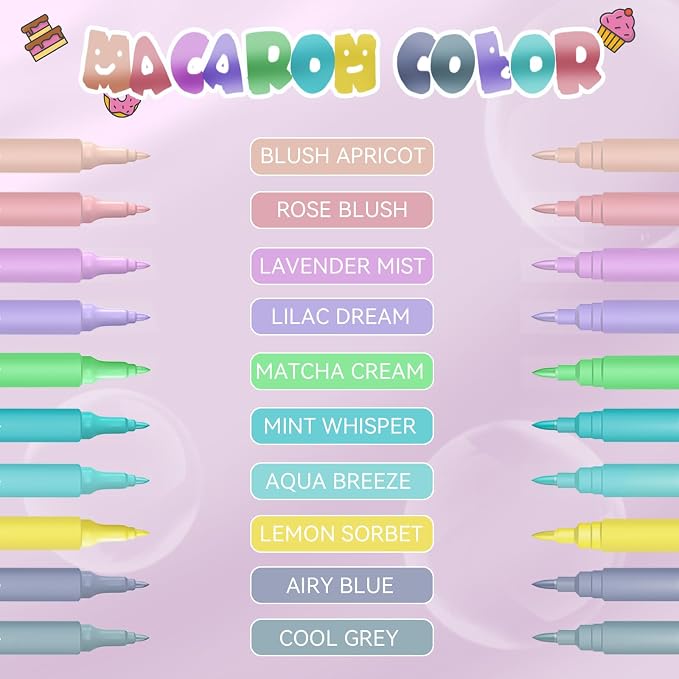 EdibleInk Macaron Food Coloring Pens 10 Color - Dual Tip Edible Markers with Fine & Thick Ends, New Macaron Pastel Set for Decorating Cookies, Cakes, Fondant, Icing, Cupcakes
