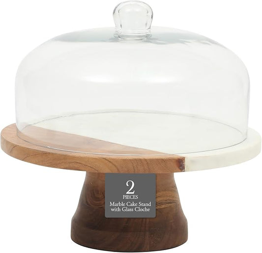 Gibson Elite Ridgehaven 10" Marble & Wood Cake Stand, Serving Platter, Charcuterie Board, and Center Piece Home Décor With Glass Lid