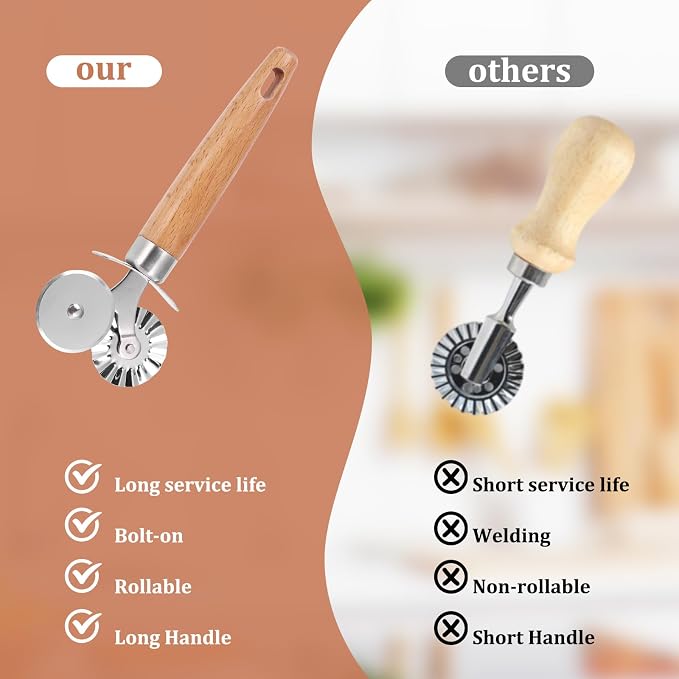 SHANGSKY Pastry Cutter Wheel, Ravioli Cutter Wheel with Long Wooden Handle, Pasta Cutter Dumpling Lace Making Noodle Ruffled Edge Cookies Pie Cutter Kitchen Dough Cutting Tool (Dual Wheel)