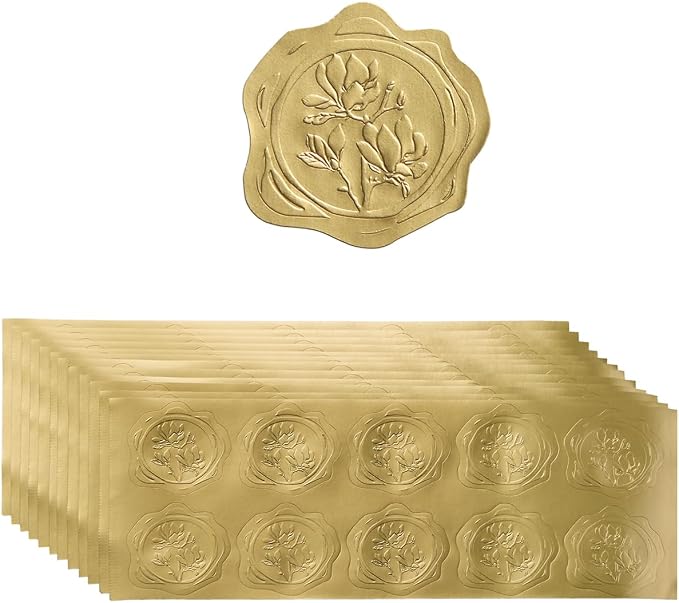 300 Pieces Embossed Gold Foil Stickers, Gold Magnolia | For Envelopes, Wedding Invitations, Christmas Greeting Cards