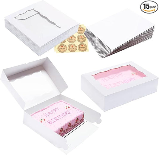 15 Pack 14x10x3.75 Inch Auto-Popup Large Rectangle Cake Boxes with Cake Boards, White Bakery Boxes for Quarter Sheet Cakes,Cupcakes, Brownie,Pie & Donuts