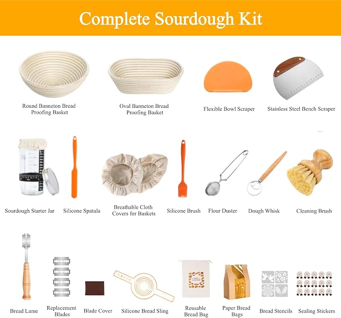 Sourdough Bread Starter Kit with 2 Banneton Proofing Baskets, 34oz Starter Jar, Dough Whisk, Scrapers, Bread Lame, Mat, Sling, Flour Duster & More – Sourdough Tools & Accessories Set