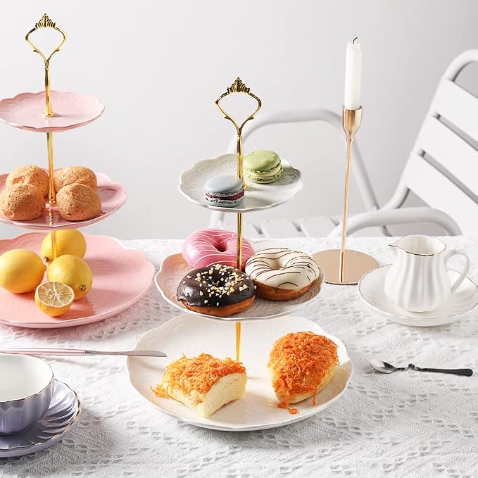 Sweejar 3 Tier Ceramic Cake Stand Wedding, Dessert Cupcake Stand for Tea Party Serving Platter(Rose White)