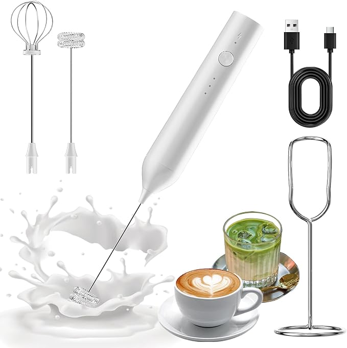 Milk Frother Handheld Rechargeable, Hand Frother with Stand, Drink Mixer Frother Wand Electric Whisk Stirrer for Coffee, Latte, Matcha, Cappuccino, Hot Chocolate, Kitchen Gifts - White