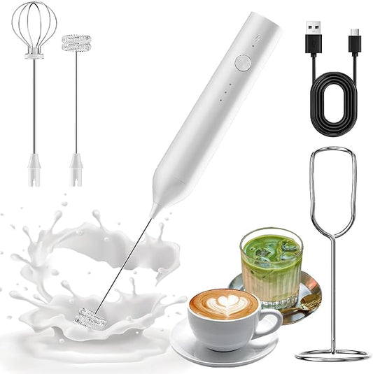 Milk Frother Handheld Rechargeable, Hand Frother with Stand, Drink Mixer Frother Wand Electric Whisk Stirrer for Coffee, Latte, Matcha, Cappuccino, Hot Chocolate, Kitchen Gifts - White