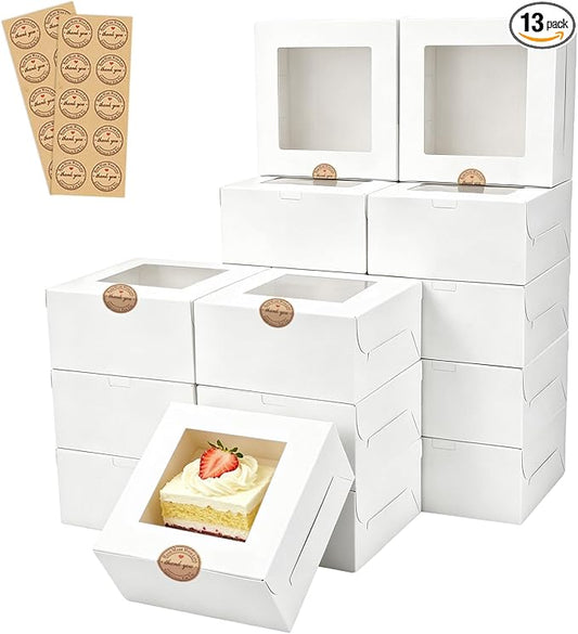 Homrelaxy 13 Pcs White Bakery Boxes with Window - 6x6x3 Inches Cardboard Cookies Boxes with Stickers for Macaroon, Pastries, Donuts, Cupcakes, Cookies and Chocolate Strawberries