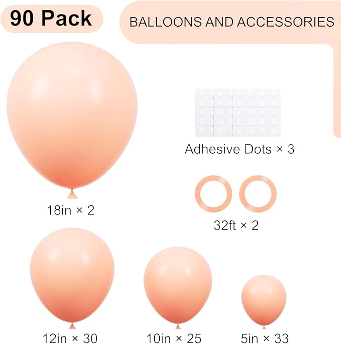 Voircoloria 90pack Pastel Orange Balloons Different Size 18/12/10/5 Inch Orange Balloon Garland Arch Kit for Graduation, Wedding, Birthday, Princess Theme, Baby Shower, Anniversary Party Decorations