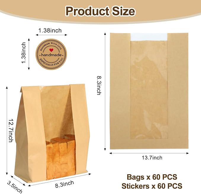 60PCS Bread Bags for Homemade Bread Paper Sourdough Bread Bags Large Bakery Bags with Window for Baked Food Packaging Storage Gift Giving Includes 60PCS Label Seal Stickers 13.7x8.3x3.5in