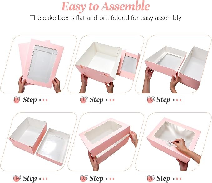 COTOPHER 14x14x6 In Sheet Cake Boxes, 16 Pcs Pink Bakery Boxes with Large Window (8 Boxes & 8 Boards), Cake Containers for Quarter Cakes, Donuts, Cupcakes, Brownie, Pastry & Pies Packaging