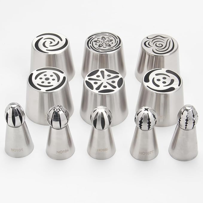 11Pcs Extra Large Russian Piping Tips Set, Stainless Steel Icing Nozzles for Buttercream Flowers 6 XXL and 5 Round Piping Tips for DIY Cookies Desserts Cake Decoration Baking Tools (11-Pack)