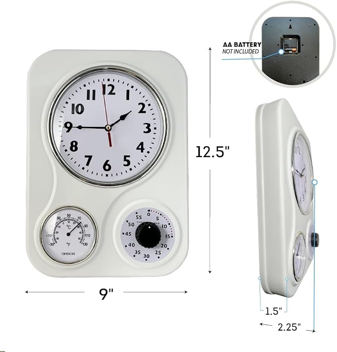 Lily's Home - 9 Inch x 12.5 Inch - Retro Kitchen Wall Clock, Vintage Wall Clock with a Thermometer and 60-Minute Timer, Ideal for Any Kitchen, Office, or Diner (White)