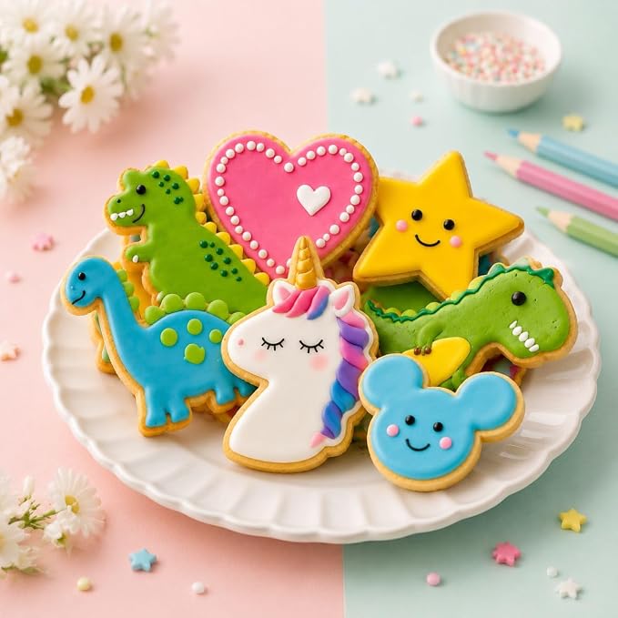 6 Pcs Cookie Cutters Set, Dinosaur Cookie Cutter, Unicorn, Mouse Head, Star and Heart Shapes, Stainless Steel Biscuit Cutters for Baking, Sandwich, Fondant