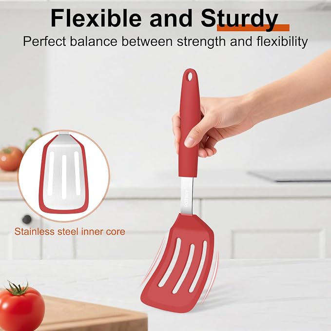 2 Pack Silicone Kitchen Spatula Set, 600°F Heat Resistant (Red) | BPA Free, Solid & Slotted Turner, Non-Toxic Cooking Utensils, Safe for Non Stick Frying Pan, Dishwasher Safe