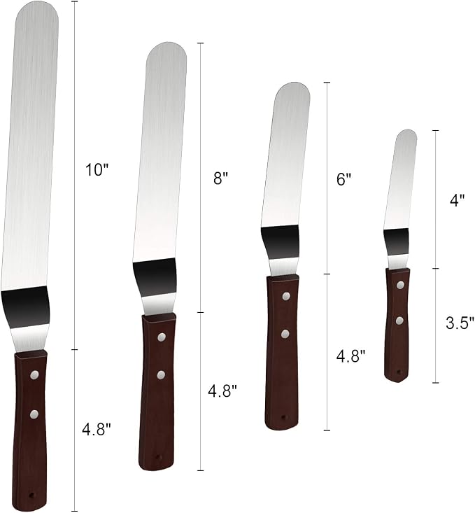 4 Packs Offset Spatula, Stainless Steel Cake Icing Spatula Set 4” 6” 8” 10”with Wooden Handle and 3 Packs Cake Smoother Scraper Set for Cake Decorating, Baking (Angled)