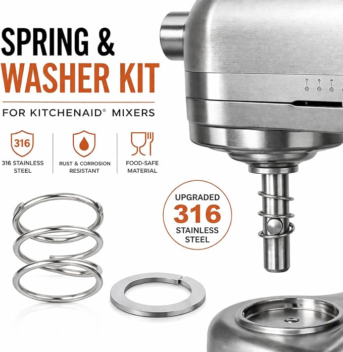 Spring & Washer Kit for KitchenAid Stand Mixers – 316 Stainless Steel Upgrade, Food-Grade Replacement for Tilt-Head & Bowl-Lift Models – Stabilizes Attachments (3 Pack)