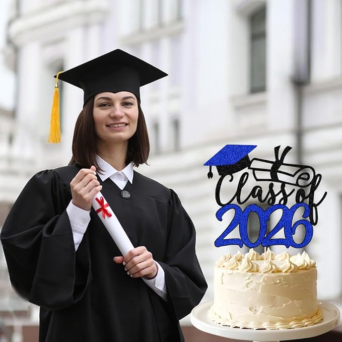 Gold Class of 2026 Congrats Grad Cake Topper Glitter Graduation Party Supplies - High School College Graduates -College Graduate Cake Topper Decorations (Class of 2026 Dark blue.)