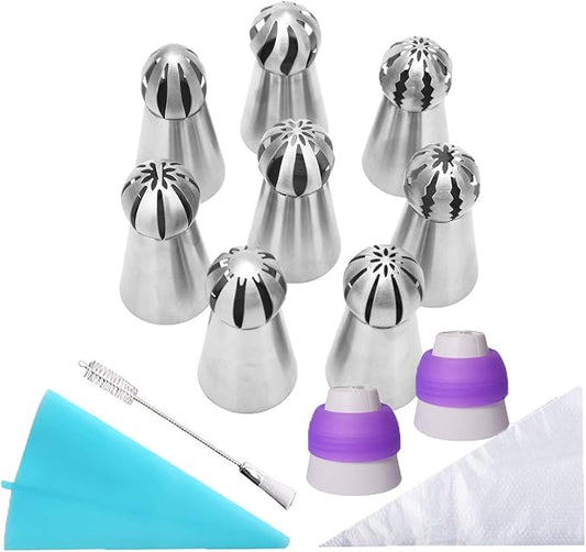 22PCS Russian Piping Tips and Bags Set, Stainles Steel Cake Cupcake Decorating Supplies Russian Ball Tips Pastry Bag & Nozzle Flower Shaped Frosting Icing Tips Set Baking Tools By Giveme5 (1#)