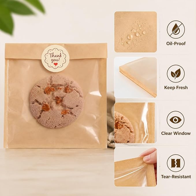 Cookie Bags with Seal(7.1x7.5 Inch) 100 PCS Sealable Bakery Bags for Treat Snack Baked Goods Pastry Donut Cookie Sleeves Bake Sale Packaging Heat Seal Farmstand Small Business Party Favors Supplies
