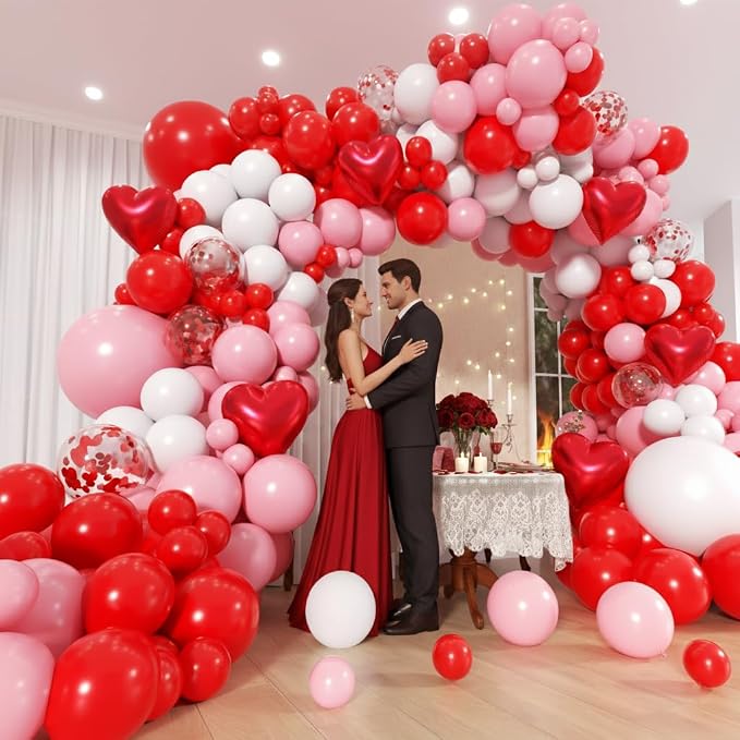 Valentines Day Balloons Garland Arch Kit - Different Size Red Pink White Balloons and Heart Foil Balloons for Valentine's Day Galentine's Day Engagement Anniversary Party Decoration Supplies