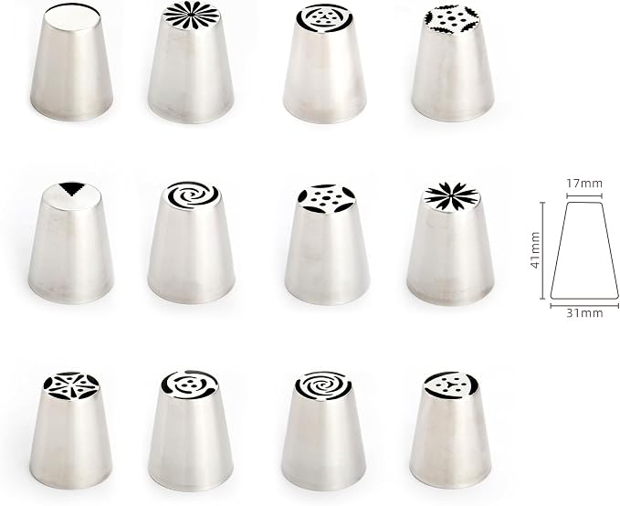 27 Pieces Small Stainless Steel Russian Flower Icing Tips Kit,12 Russian Tips, 2 Small Leaf Flower Piping Tips,2 Plastic Couplers,10 Disposable Pastry Bags,1 Reusable Piping Bag for Cake Decorations