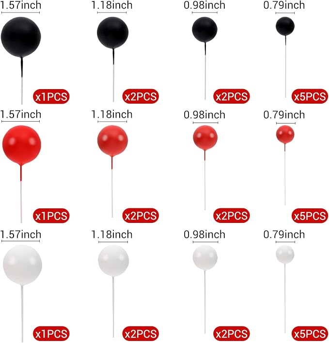 30 PCS Balls Cake Topper DIY Cake Insert Toppers Ball Cake Picks Cupcake Topper for Birthday Party Baby Shower Wedding Cake Decoration(Black White Red)