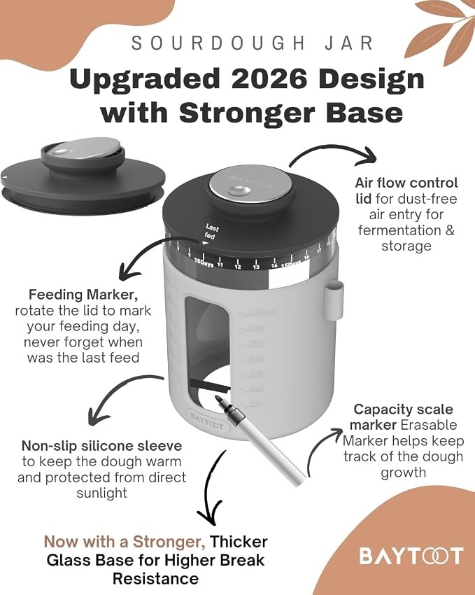 Wide Mouth Sourdough Jar Starter Kit 33 oz - UPGRADED 2026 DESIGN with Reinforced Thick Glass Base - Ideal Sourdough Jar for Fermentation, Airflow Lid, Feeding Marker & Spatula Included (Grey)