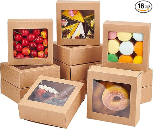 BENECREAT 16Packs 5.5x5.5x2inch Clear PVC Square Window Gift Boxes, Brown Kraft Paper Present Boxes for Wedding Gift, Chocolates, Cookies and Other Small Crafts