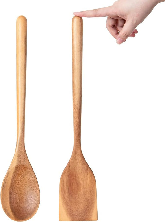 2PCS Long Handle Gigantic Spatula Spoon Premium Acacia Wooden Spoons For Cooking 17''Large Soliod Wooden Cooking Spoons Smooth Finish in Large Style Cooking Kitchen Utensil Set