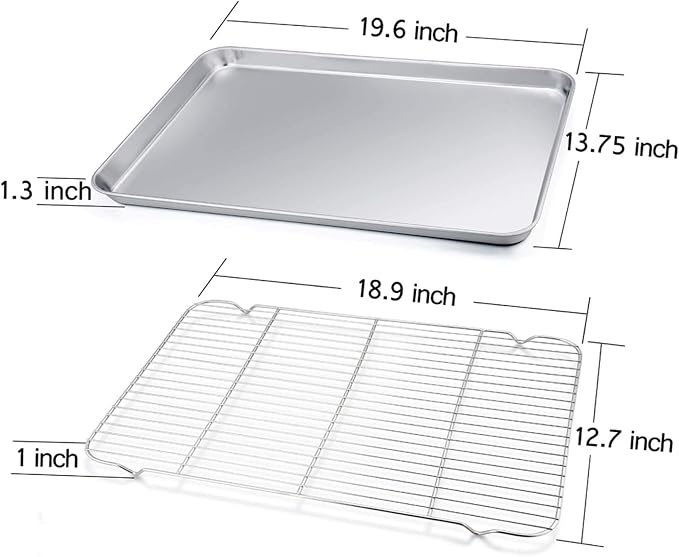 TeamFar Baking Sheet with Cooling Rack, Stainless Steel Half Size Cookie Sheet Pan and Baking Rack Set, 20’’×14’’×1’’, Non Toxic & Rust Free, Thick & Heavy Duty, Mirror Finish & Dishwasher Safe
