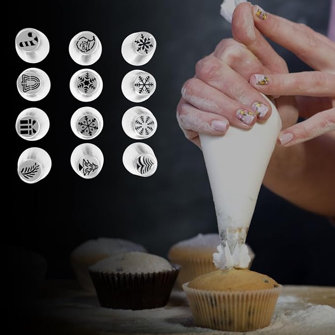 Yardwe 12Pcs Christmas Russian Piping Tips Set, Flower Frosting Nozzles Icing Tips for Cake Cookie Cupcake