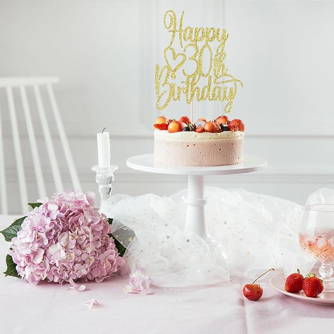 Gold Glitter Happy 30th Birthday Cake Topper - Cheers to 30 Years Cake Topper, 30 & Fabulous Cake Decoration for Hello 30th Birthday Anniversary Party Cake Decorations Supplies
