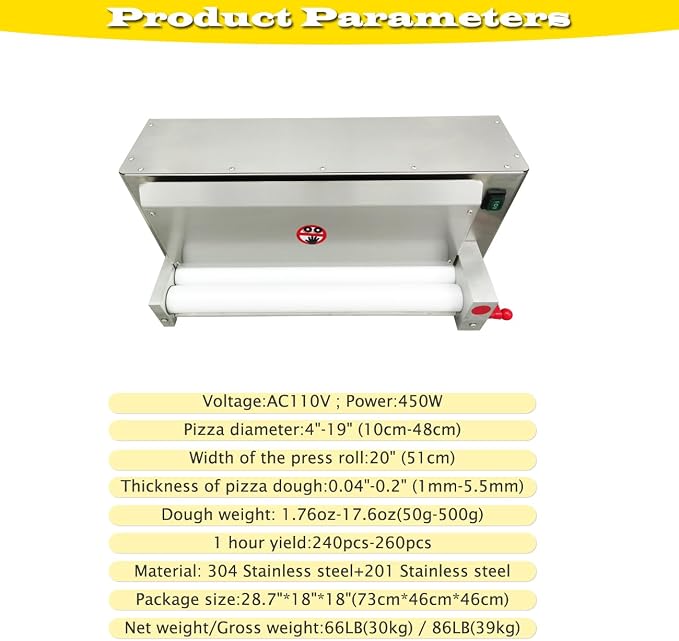 Commercial Pizza Dough Roller Sheeter 4"-19" Electric Pizza Dough Roller Sheeter 110V 450W Stainless Steel Pastry Press Making Machine