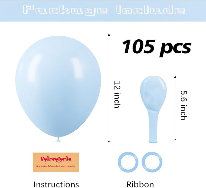 Voircoloria 105pcs Baby Blue Balloons 12inch Party Latex Balloons for Birthday Graduation Baby Shower Anniversary New Year Holiday Party Decorations
