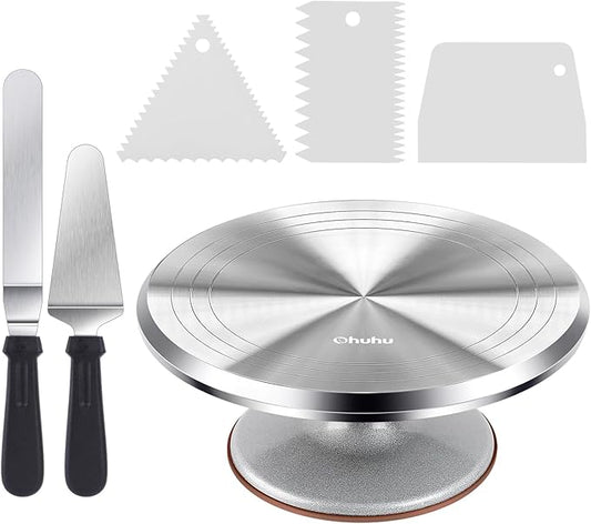 Cake Turntable, Ohuhu Aluminium 12'' Cake Decorating Kit Supplies Rotating Stand Revolving Spinner with 2 Icing Spatula 3 Comb Smoother