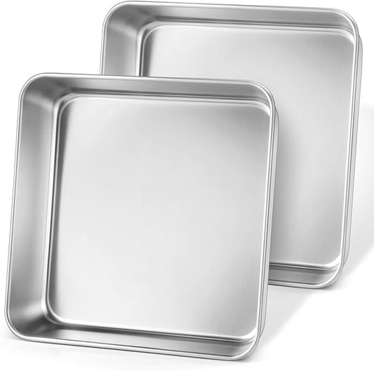 Leonyo Stainless Steel 9x9 Baking Pan, 2 Pack Metal 9IN x 9IN Square Cake Pan, Commercial Brownie Pans Baking Dish for Cornbread, Banana Bread, Lemon Bars, Dishwasher Safe