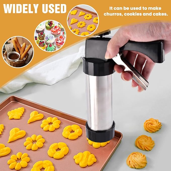 Cookie Press Gun Kit, Stainless Steel Hand Press, 13 Discs, 8 Tips | Includes 1 press gun 2 cleaning brushes, For spritz cookies icing and egg filling, No storage case included