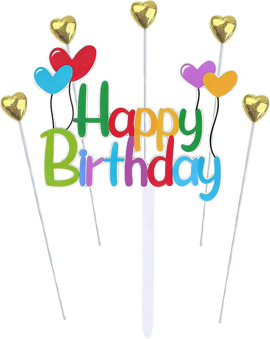 Colorful Happy Birthday Cake Topper Set Balloon Design and Gold Hearts, Great for Kids' Birthdays, Cupcakes Party Decor