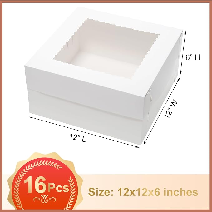 Mcfleet 12x12x6 Inch Cake Boxes 16pcs Bakery Boxes for Tier Cakes with Window 12 Inch White Large Tall Cardboard Bakery Take Out Carrier Containers with Lids for Wedding, Birthday, Party