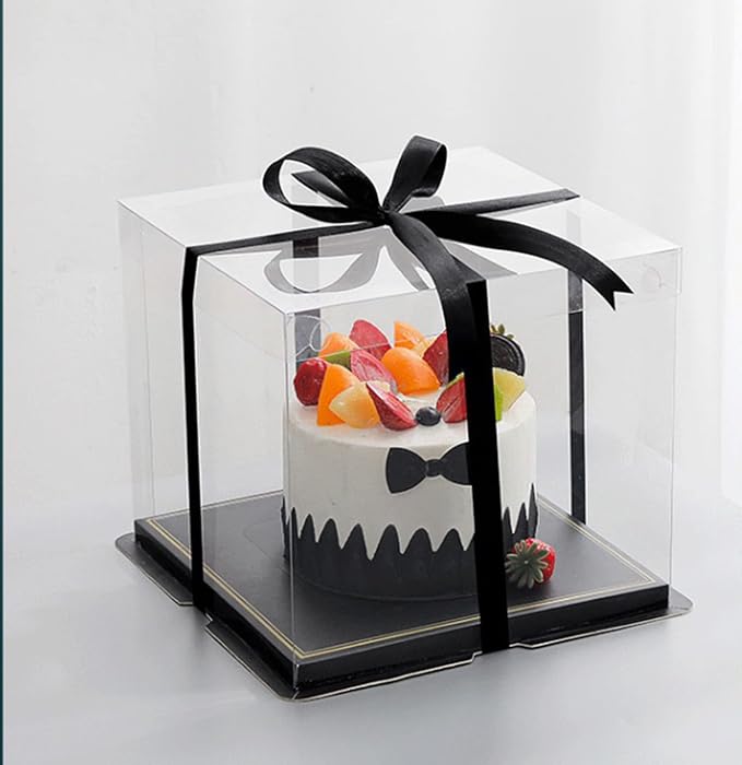 XININSUN 6Pcs Tall Cake Boxes Clear cake Box with Ribbon, 12x12x 10inch,Ideal for Large 10" and 12" Inch Tall Layer Tiered Cakes and Clear Gift Boxes for Wedding Party and Gift Display - Black